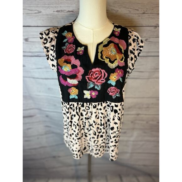 Savanna Jane Boho Animal Print Floral Embroidered Gauze Top Medium - Picture 2 of 5